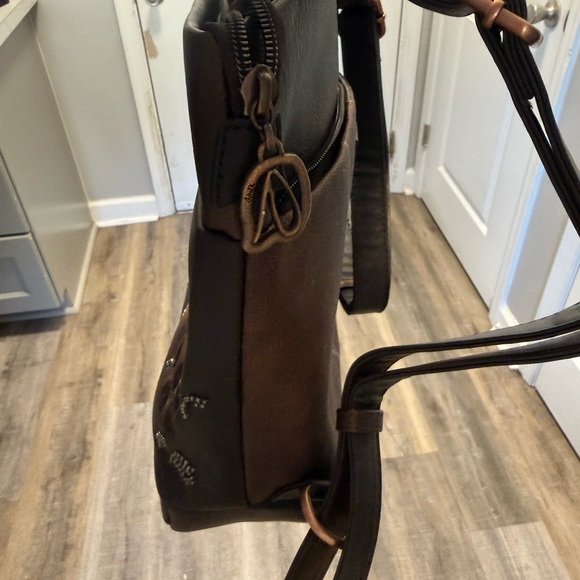 3-Zip Compartment Backpack, Embroidered Brown & Black, Vegan Leather main image 4